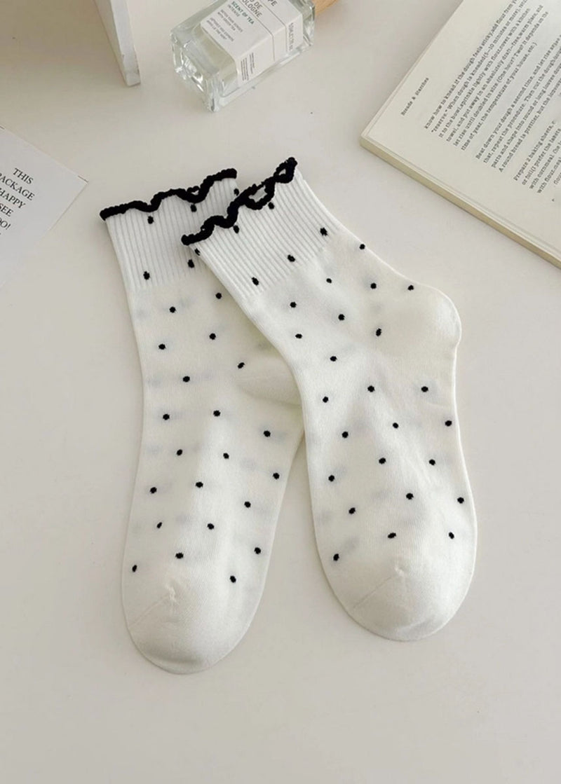 Polka Dot Contrast Ruffle Mid-Calf Socks - White