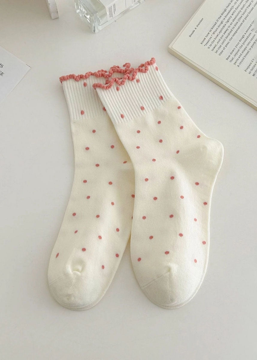 Polka Dot Contrast Ruffle Mid-Calf Socks - Beige