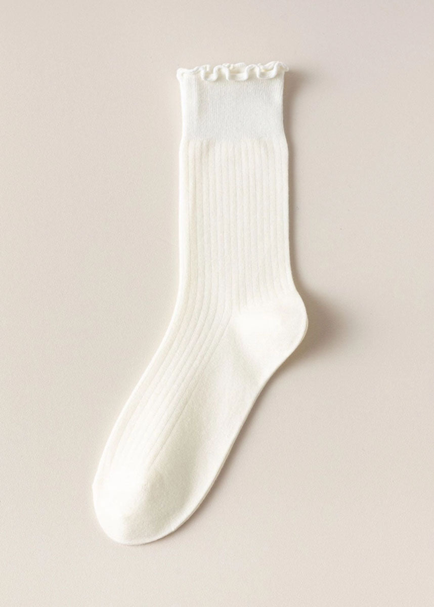 Ruffled Vertical Stripe Crew Socks - White