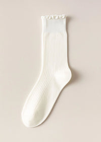 Ruffled Vertical Stripe Crew Socks - White