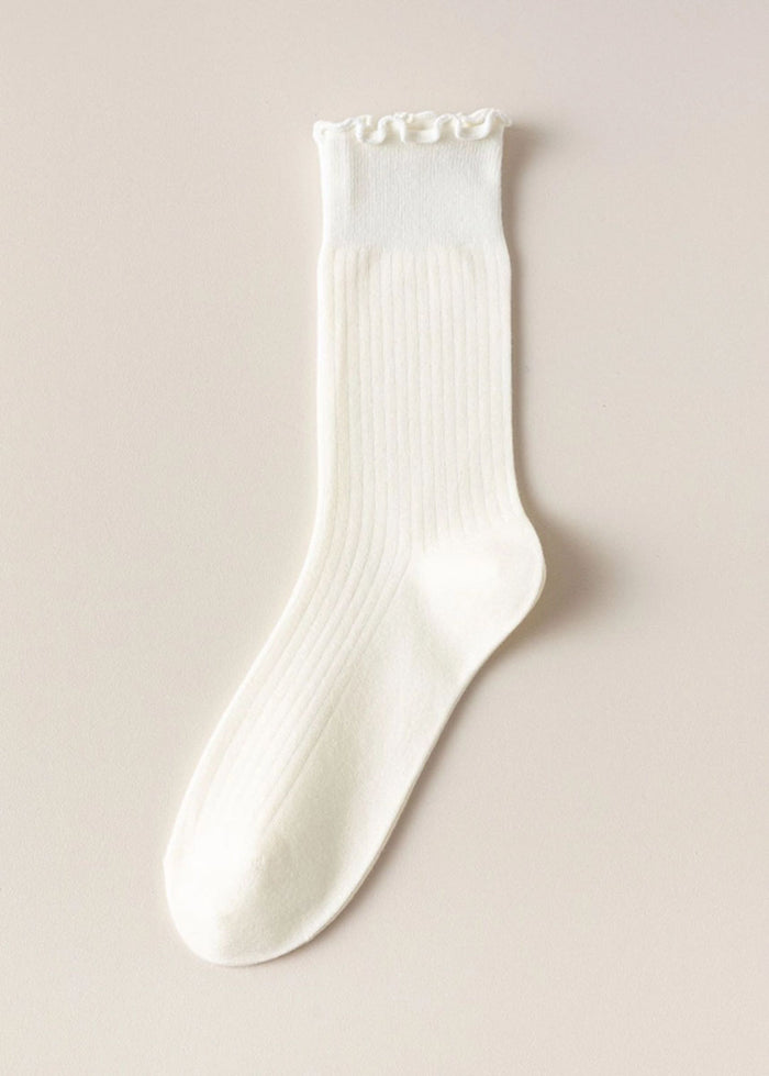 Ruffled Vertical Stripe Crew Socks - White