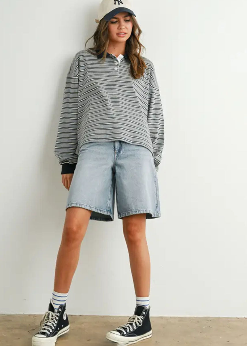 Megan Quarter Button Stripe Collared Top - Grey & Navy
