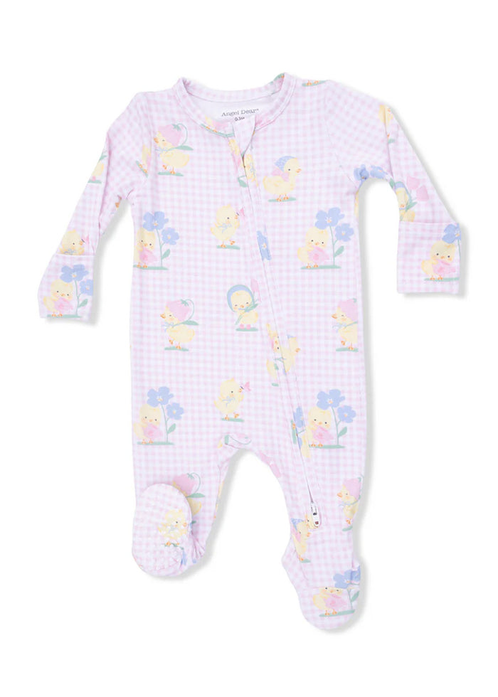 2-Way Zipper Footie - Vintage Spring Ducklings Pink