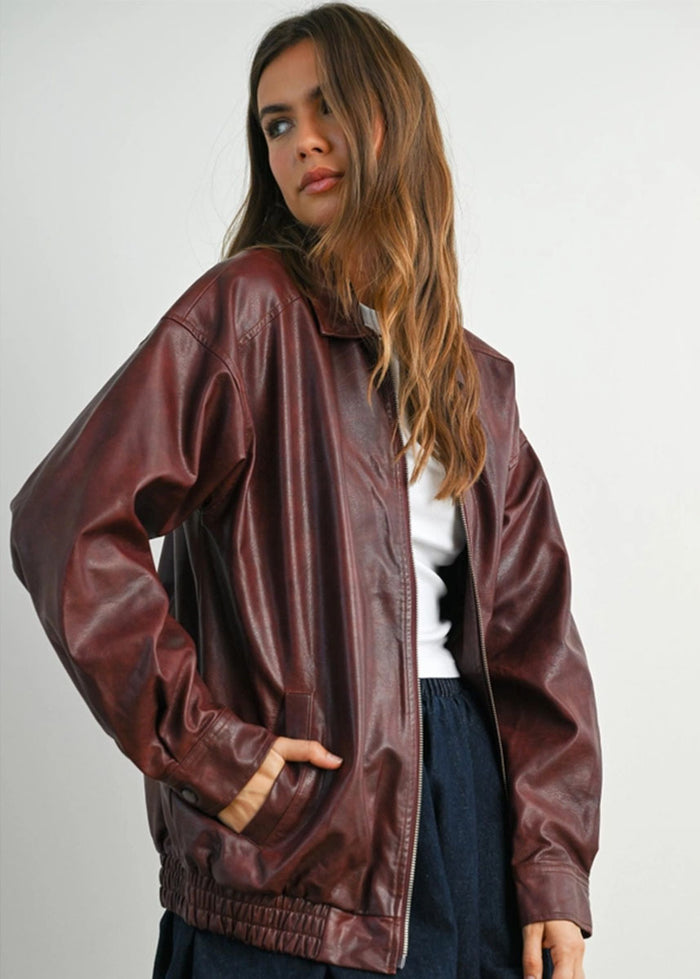 Delia Faux Leather Zip Jacket - Wine