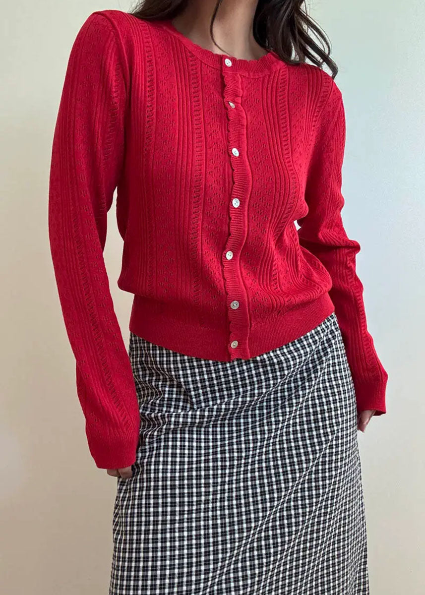 Noel Pointelle Knit Cardigan - Red