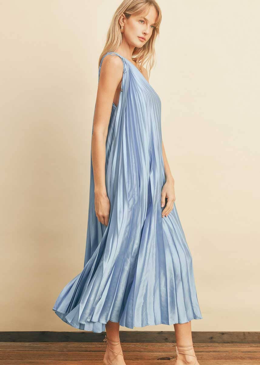 Pretty Pleats One Shoulder Dress - Fresco Blue