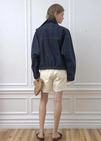 Hillary High Neck Drawstring Denim Jacket - Dark