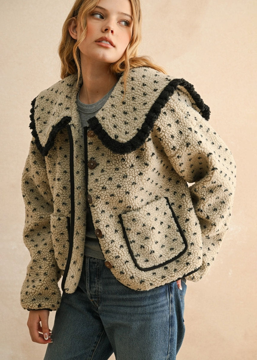 Mary Printed Sherpa Collared Jacket - Stone & Black