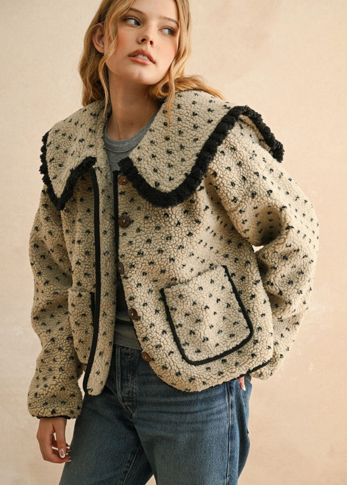 Mary Printed Sherpa Collared Jacket - Stone & Black