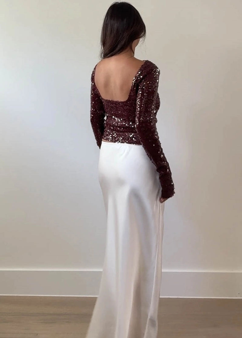 Sangria Boat Neck Sequin Top - Wine