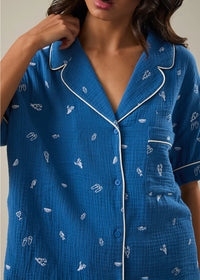 Verona Embroidered Pajama Top - Blue & White
