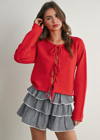 Remie Tie-Front Long Sleeve Top - Red