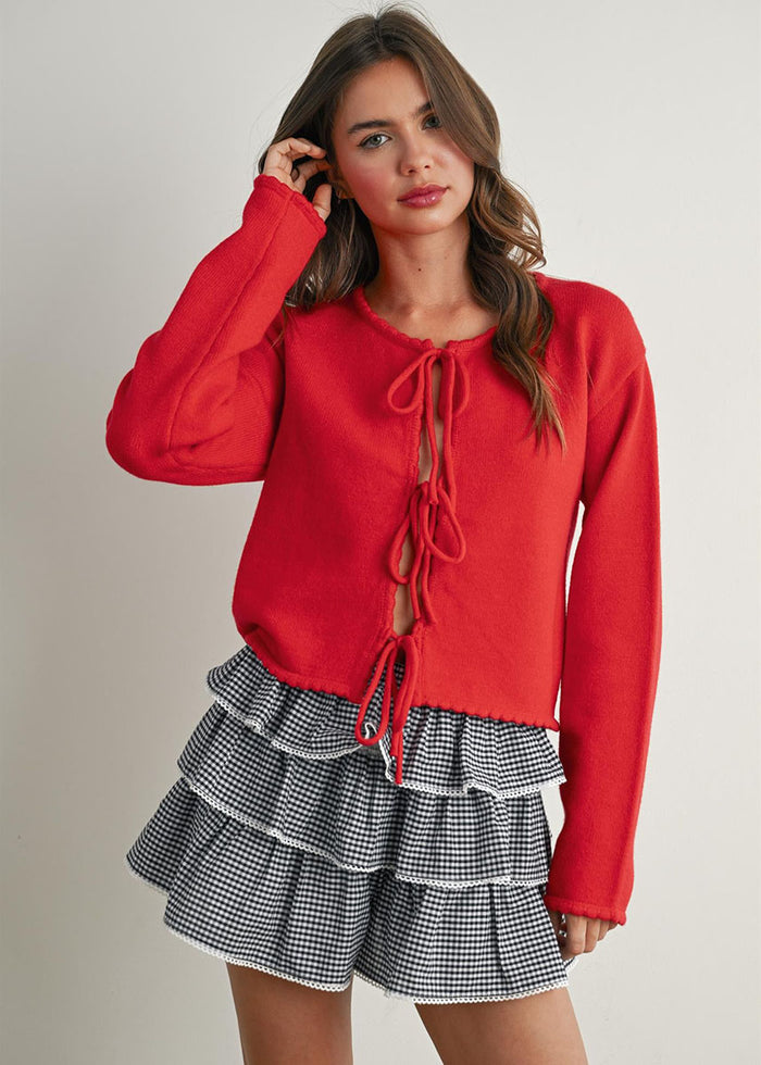 Remie Tie-Front Long Sleeve Top - Red