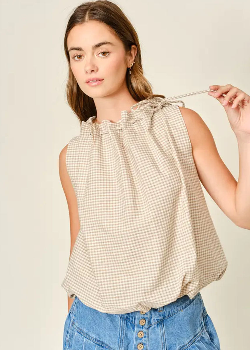 Evangeline Checkered Bubble Top - Brown