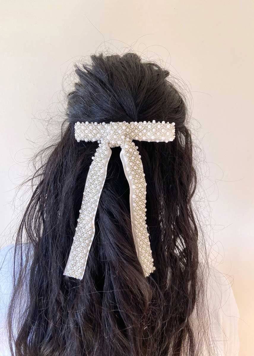 Embellished Grid Hair Bow Clip - White Pearl
