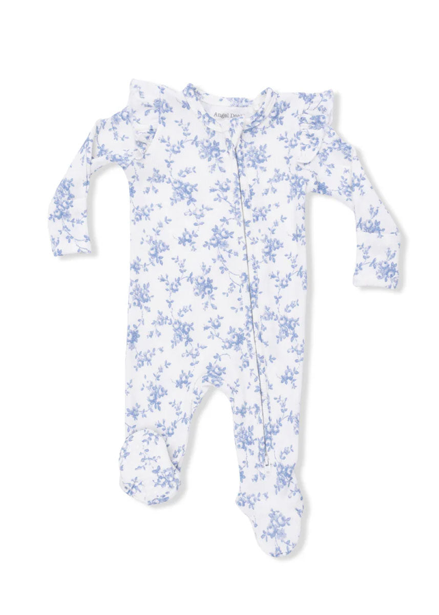 2-Way Ruffle Zipper Footie - Baby Blue Vines Floral