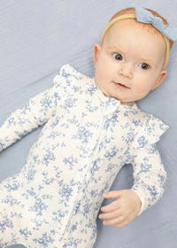 2-Way Ruffle Zipper Footie - Baby Blue Vines Floral