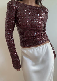 Sangria Boat Neck Sequin Top - Wine