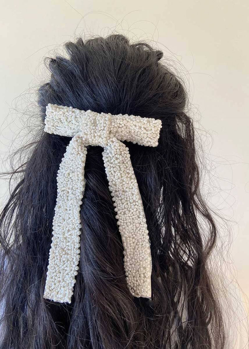 Beaded Hair Bow Clip - White Pearl