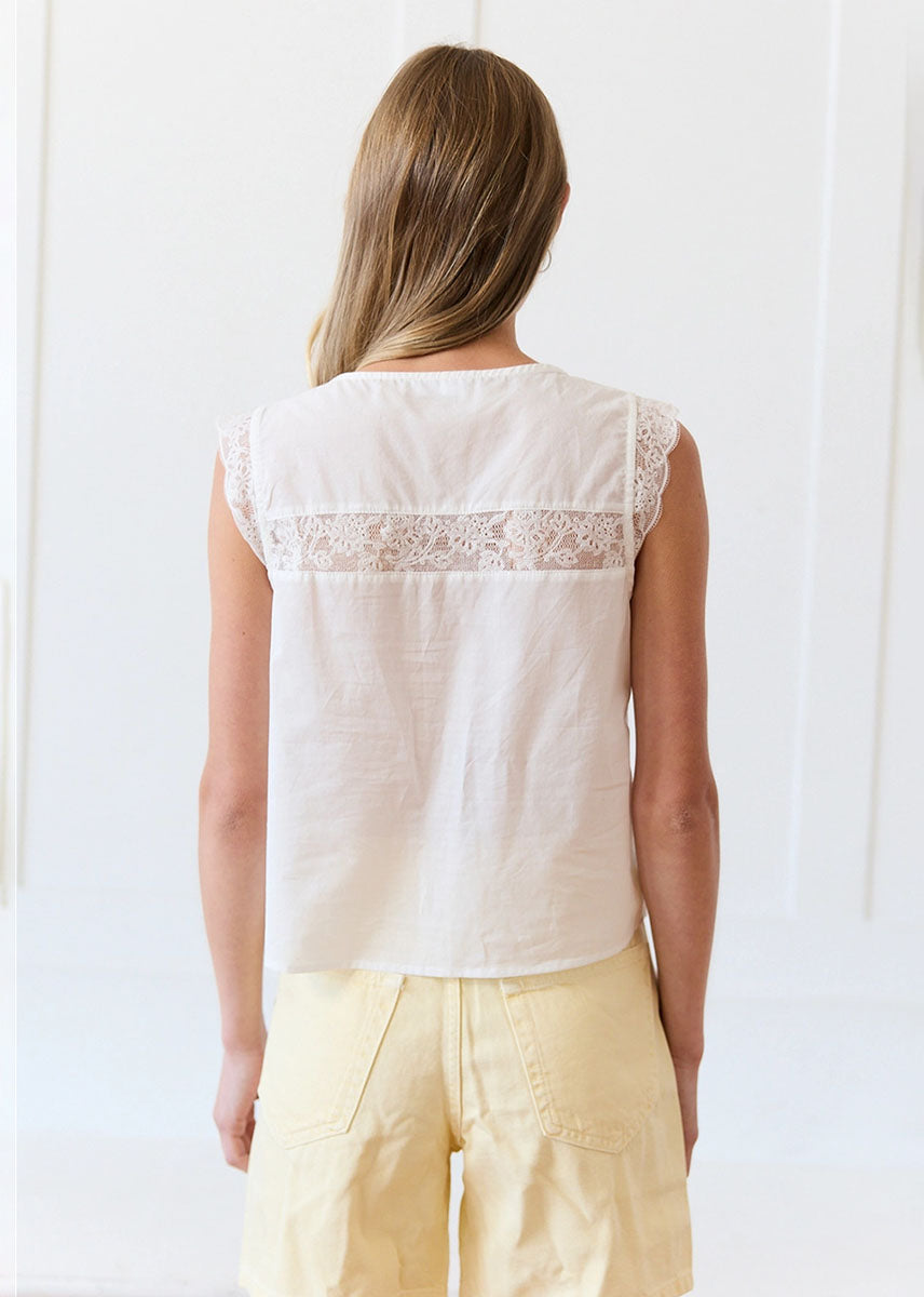Grayson Lace Trim Tie Front Top - White