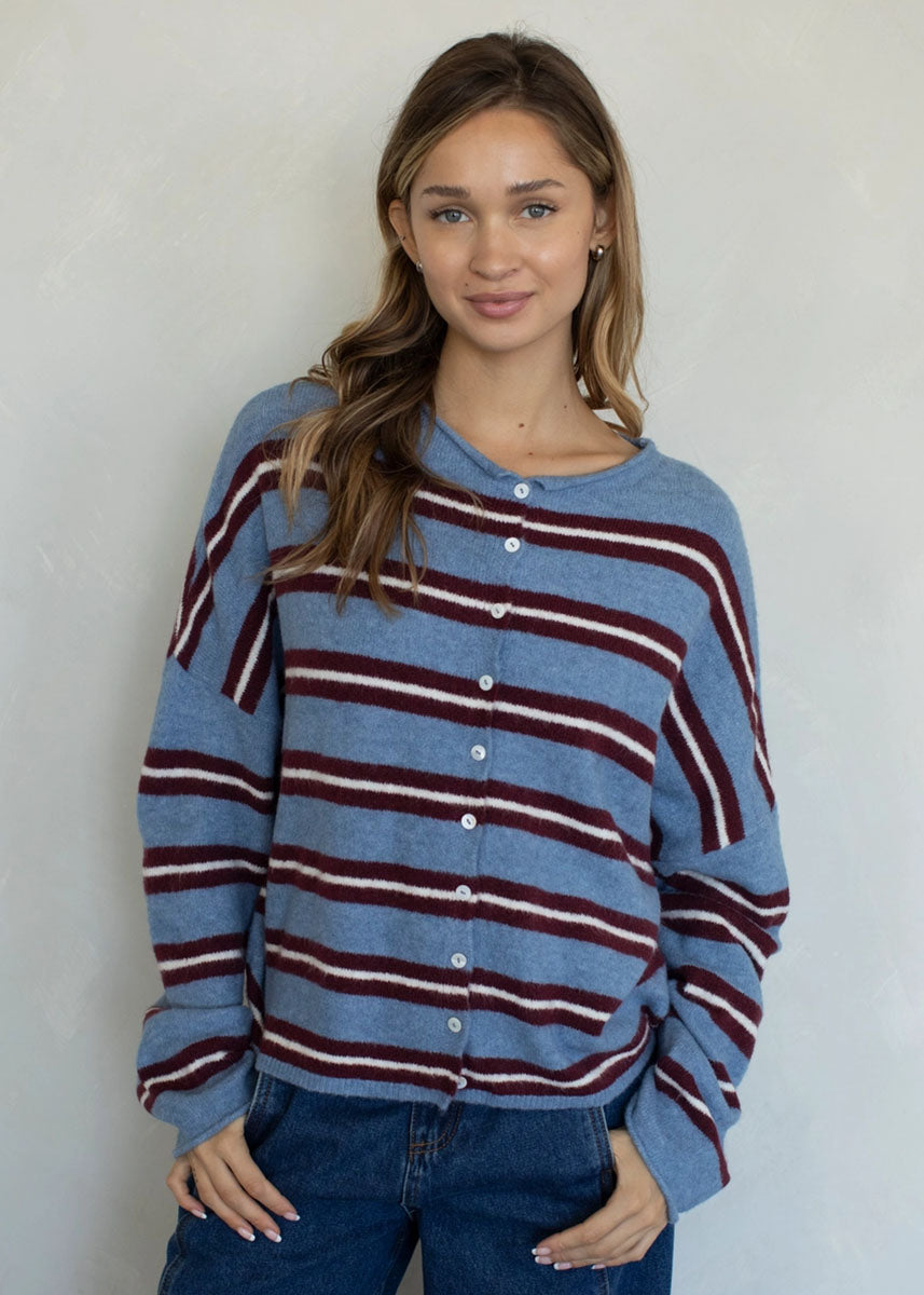 Piper Varsity Stripe Cardigan - Dusty Blue