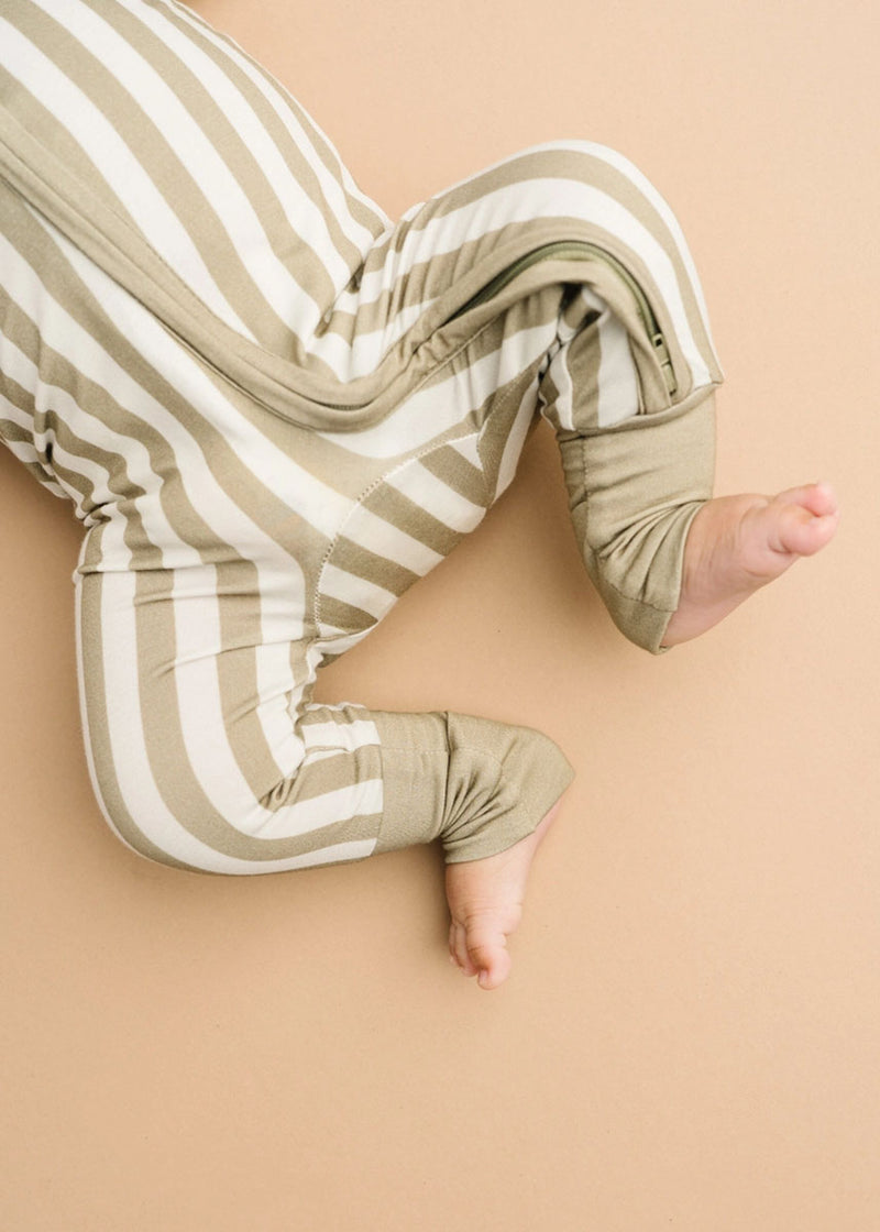 Bamboo Fold-Over Zipper Footie - Olive Stripe