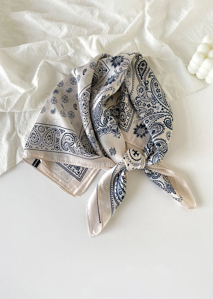Vintage Paisley Square Satin Scarf - Beige