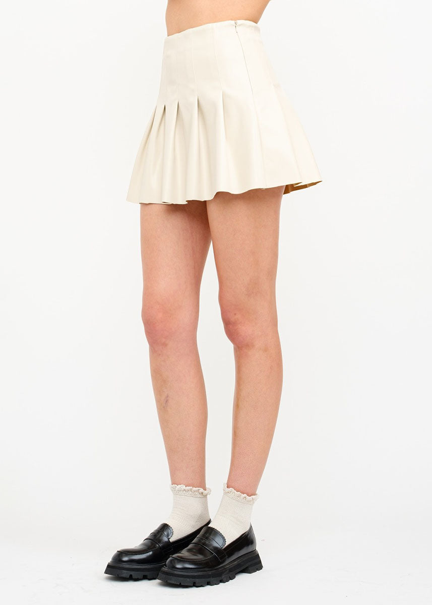 Area Pleated Vegan Leather Mini Skirt - Ivory