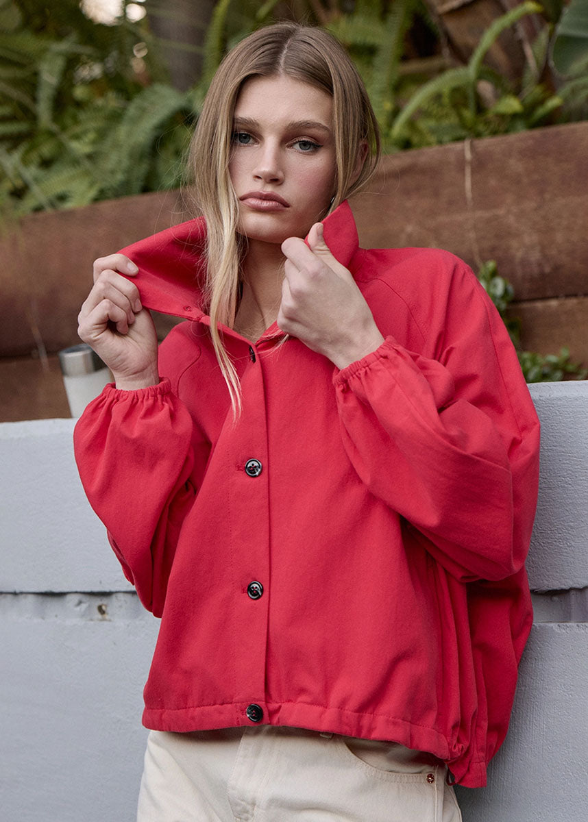 Ruby High Neck Button-Up Jacket - Red