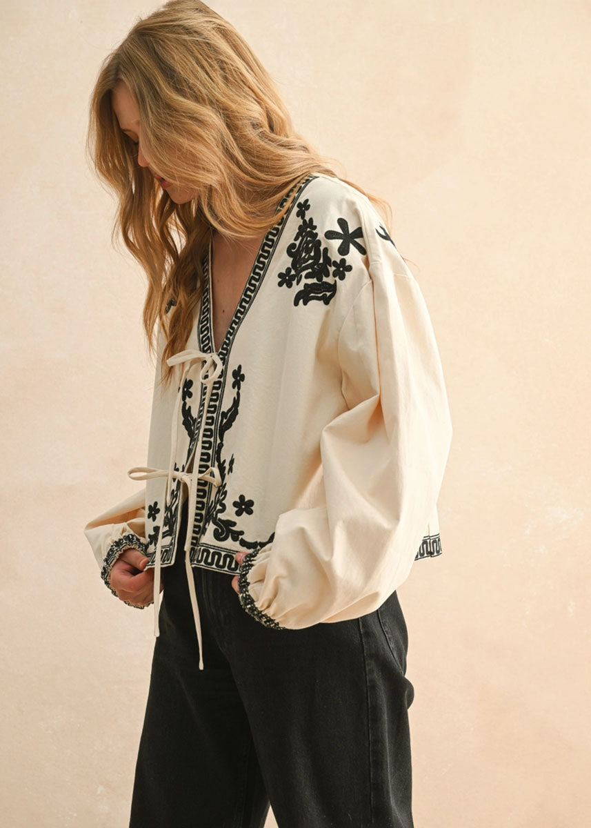 Mia Floral Patch Tie Jacket - Ecru