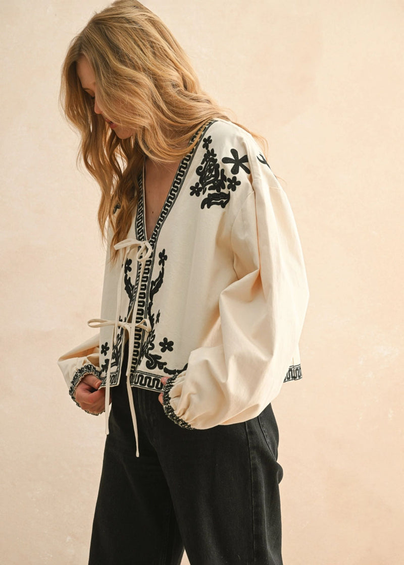 Mia Floral Patch Tie Jacket - Ecru