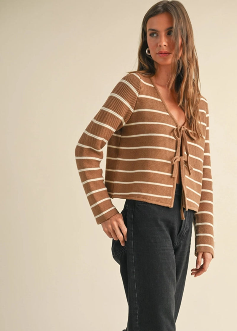 Nancy Striped Tie-Front Cardigan - Mocha & White