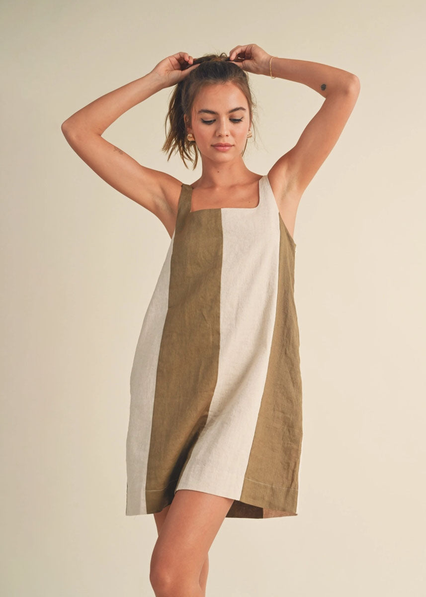 Laurel Color Block Linen Mini Dress - Olive & Oatmeal