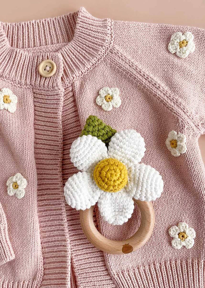 Crochet Flower Rattle Teether - White