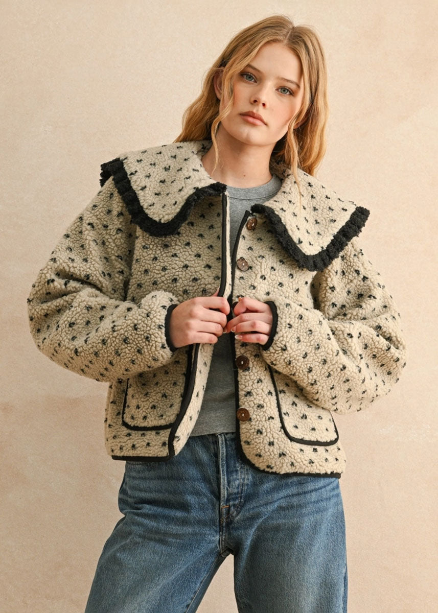 Mary Printed Sherpa Collared Jacket - Stone & Black