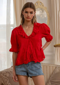 Mazie Embroidered Collar Blouse - Red