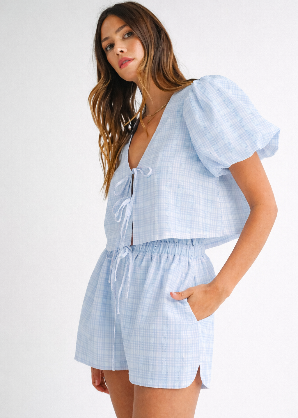 Natalie Bow Blouse & Shorts Set - Blue