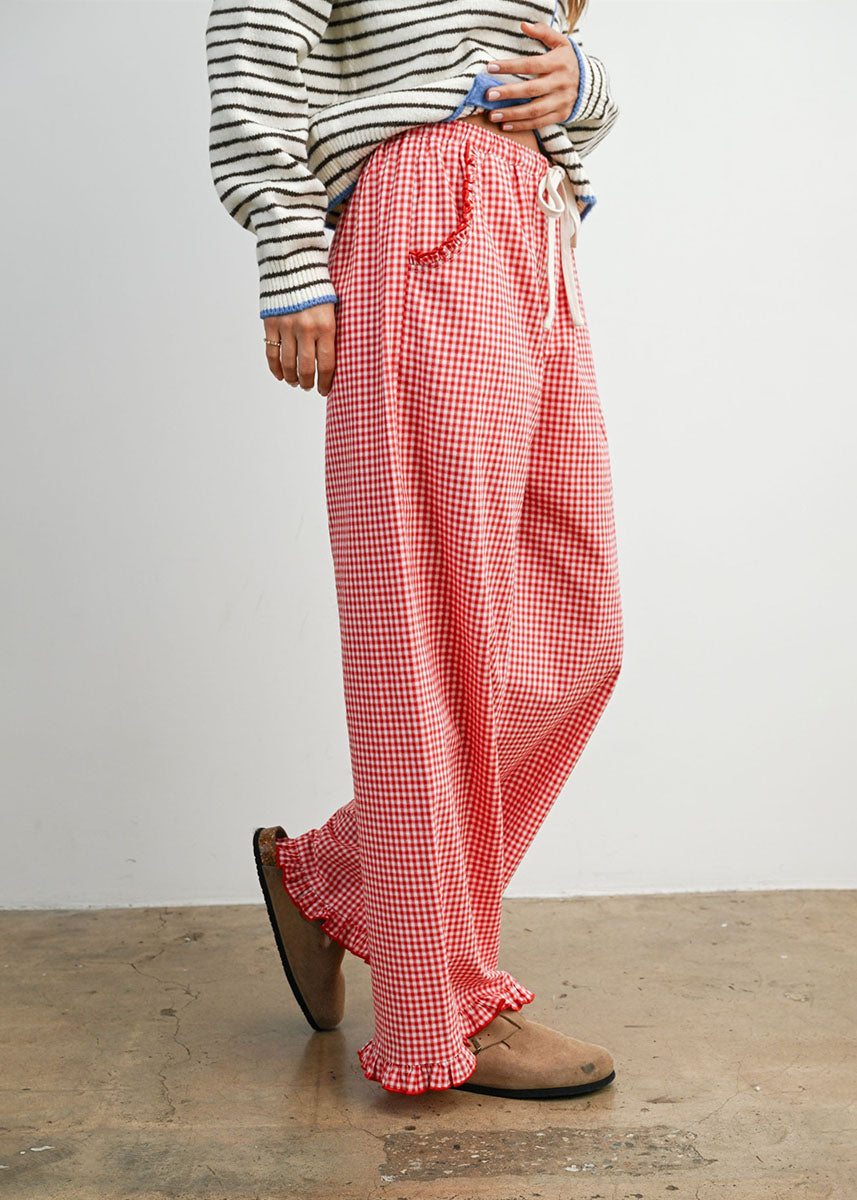 Poppy Striped Ruffle Hem Pant - Red & Ivory