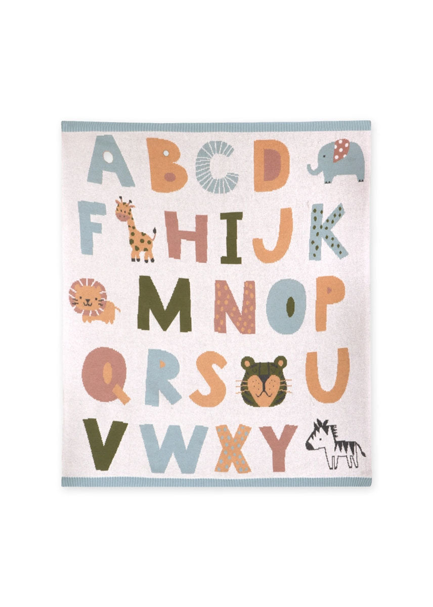 Organic Jacquard Sweater Knit Baby Blanket - Alphabet Blue