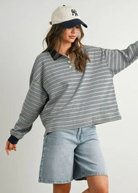 Megan Quarter Button Stripe Collared Top - Grey & Navy