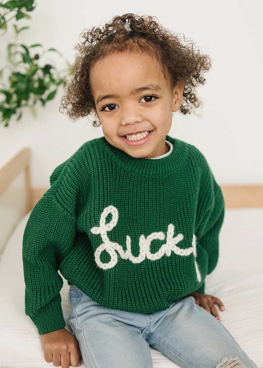 Kids' Lucky Embroidered Knit Sweater - Green