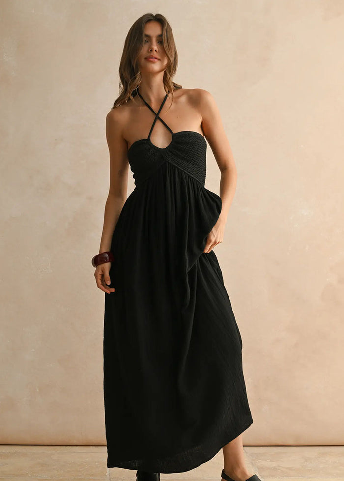 Darla Crochet Contrast Maxi Dress - Black