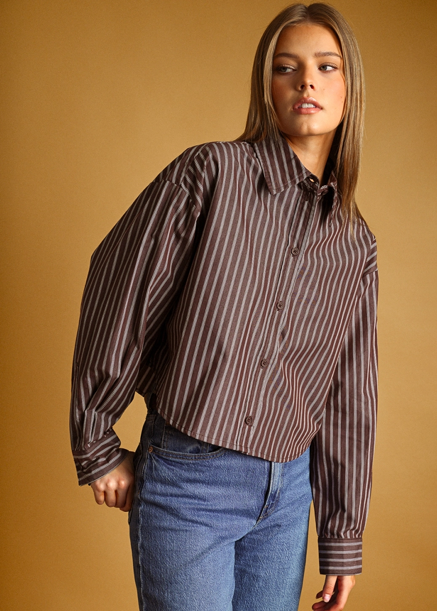 Meleca Striped Button Down Top - Brown