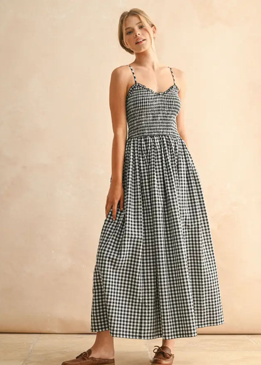 Bonnie Gingham Print Maxi Dress - Black & White