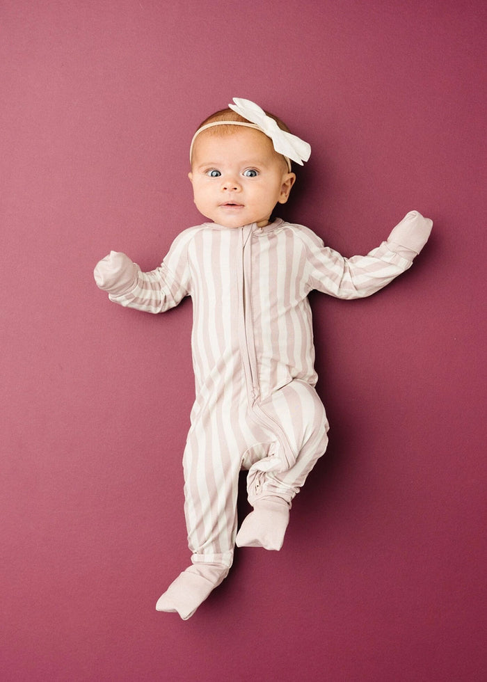 Bamboo Fold-Over Zipper Footie - Mauve Stripe