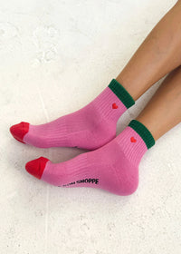 Embroidered Color Block Girlfriend Socks - Rose Green Heart