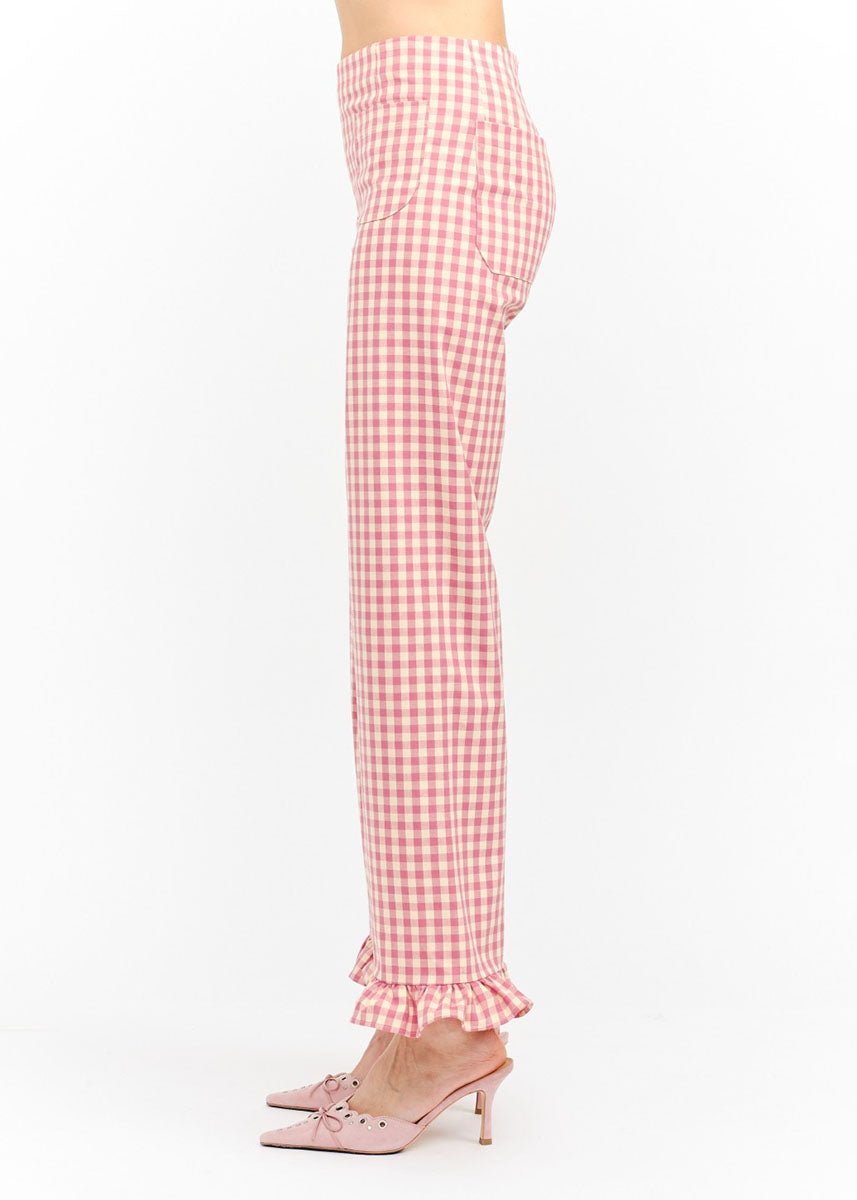 Paloma Straight Ruffle Gingham Pant - Pink
