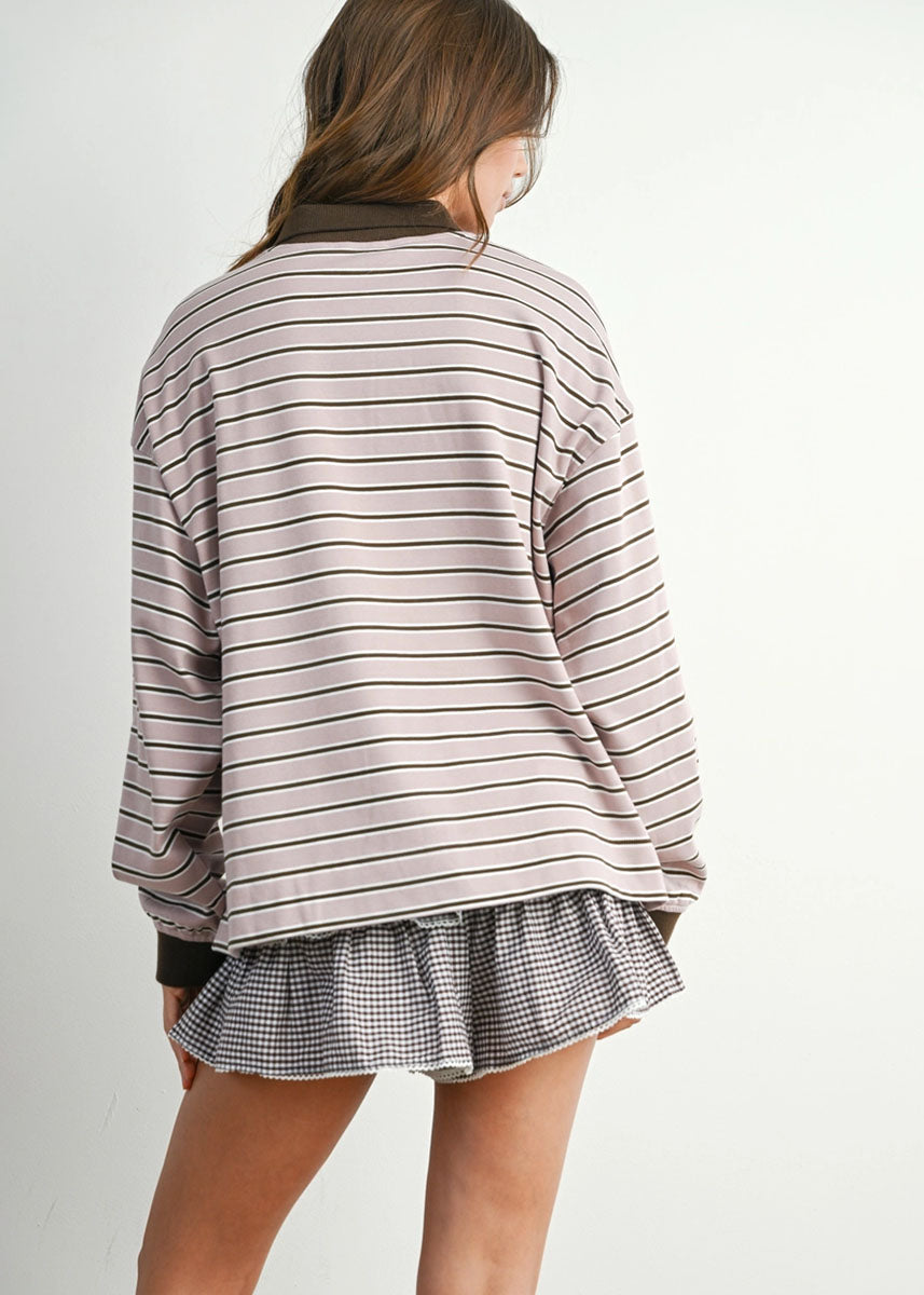 Megan Quarter-Button Stripe Collared Top - Mauve & Brown
