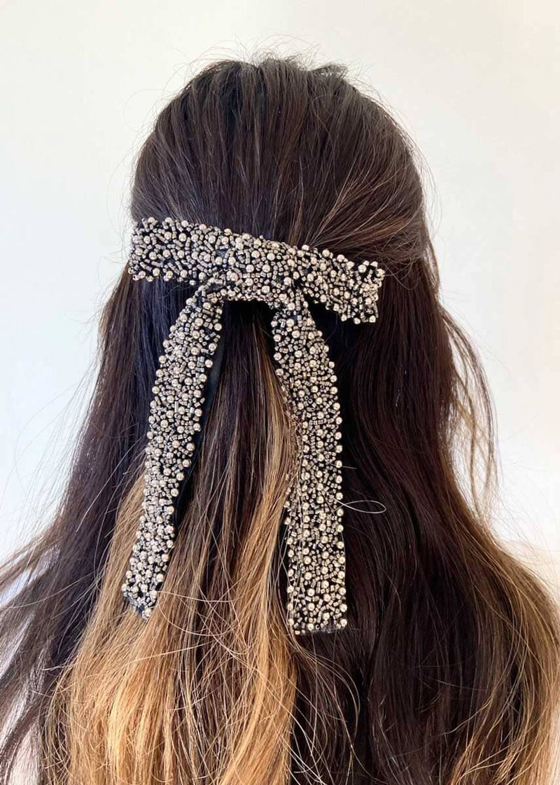 Embellished Hair Bow Barrette Clip -  Black