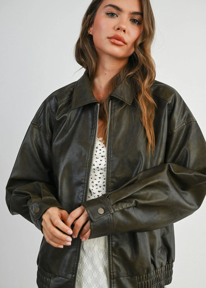 Delia Faux Leather Zip Jacket - Dark Olive